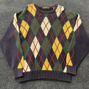 Embassy Row Sweater Mens Large Navy Argyle Cotton Crewneck Preppy Colorful Knit